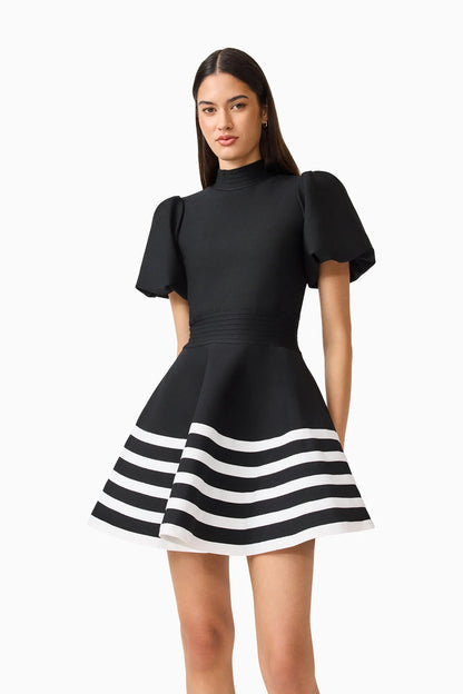 Ninette Puff Sleeve Mini Dress in Black & White