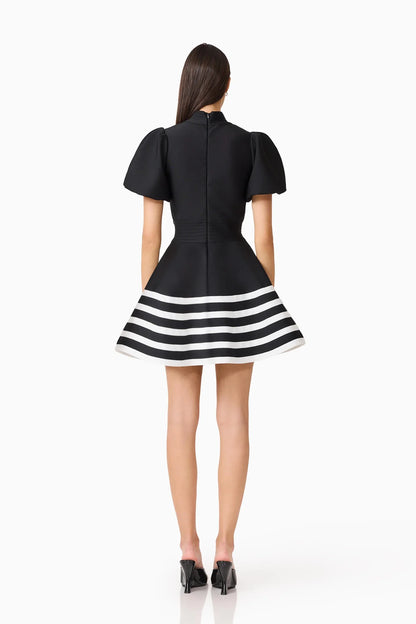 Ninette Puff Sleeve Mini Dress in Black & White