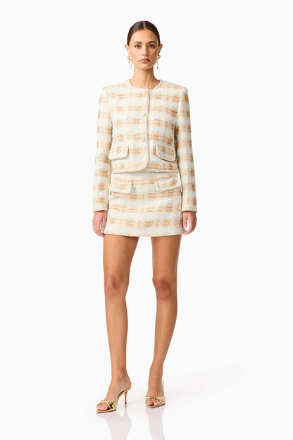 Ashlyn Long Sleeve Tweed Jacket in White & Gold