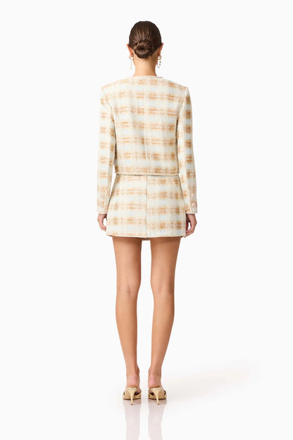 Ashlyn Long Sleeve Tweed Jacket in White & Gold