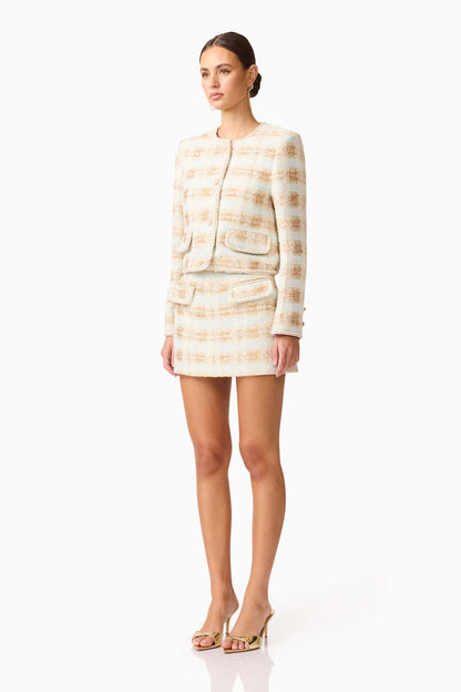 Ashlyn Long Sleeve Tweed Jacket in White & Gold
