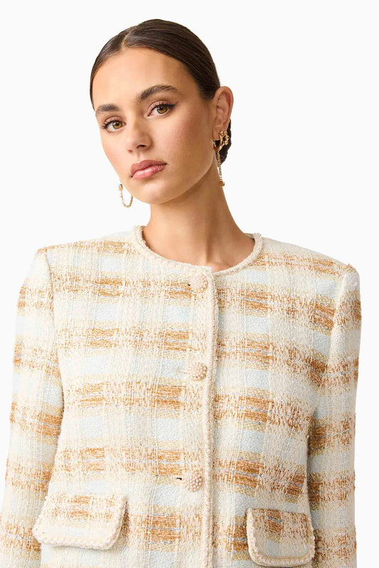 Ashlyn Long Sleeve Tweed Jacket in White & Gold