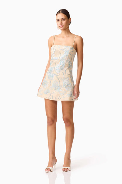 Nia Embroidered Mini Dress in Beige