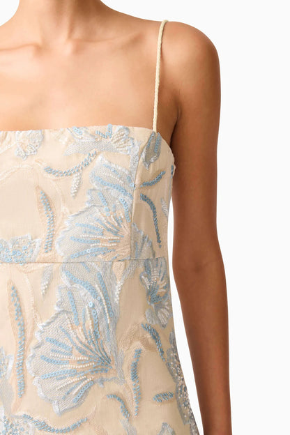 Nia Embroidered Mini Dress in Beige