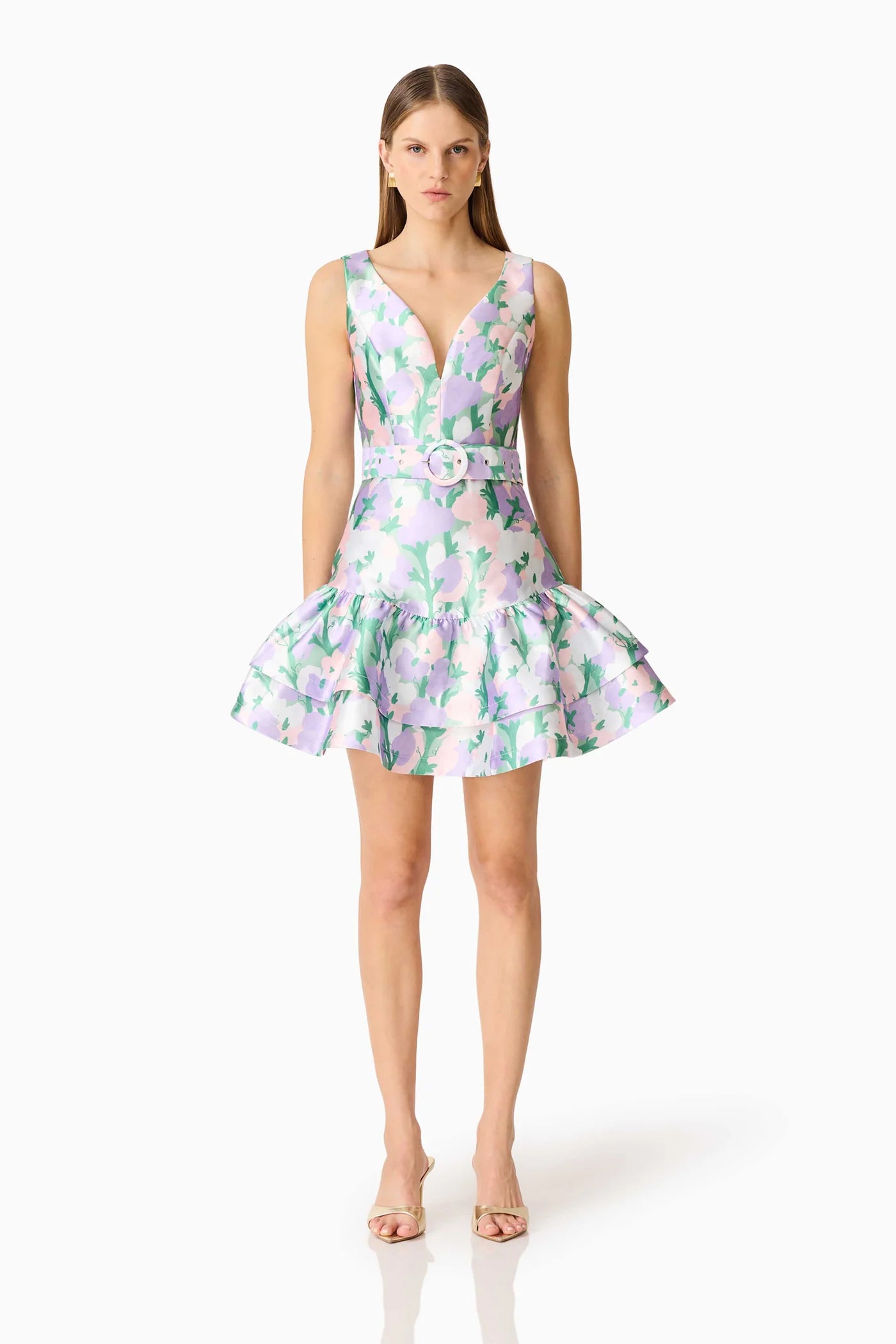 Lavina V-Neck Mini Dress in Green & Purple Floral