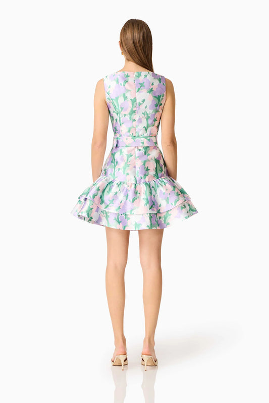 Lavina V-Neck Mini Dress in Green & Purple Floral