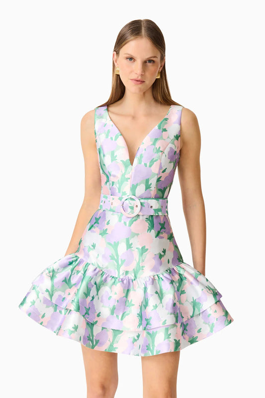 Lavina V-Neck Mini Dress in Green & Purple Floral