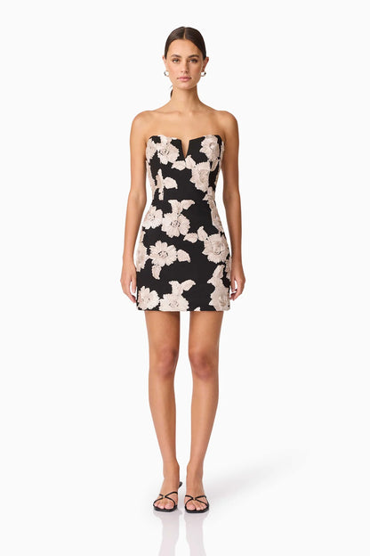 Margaux Strapless Mini Dress in Black & Gold Floral