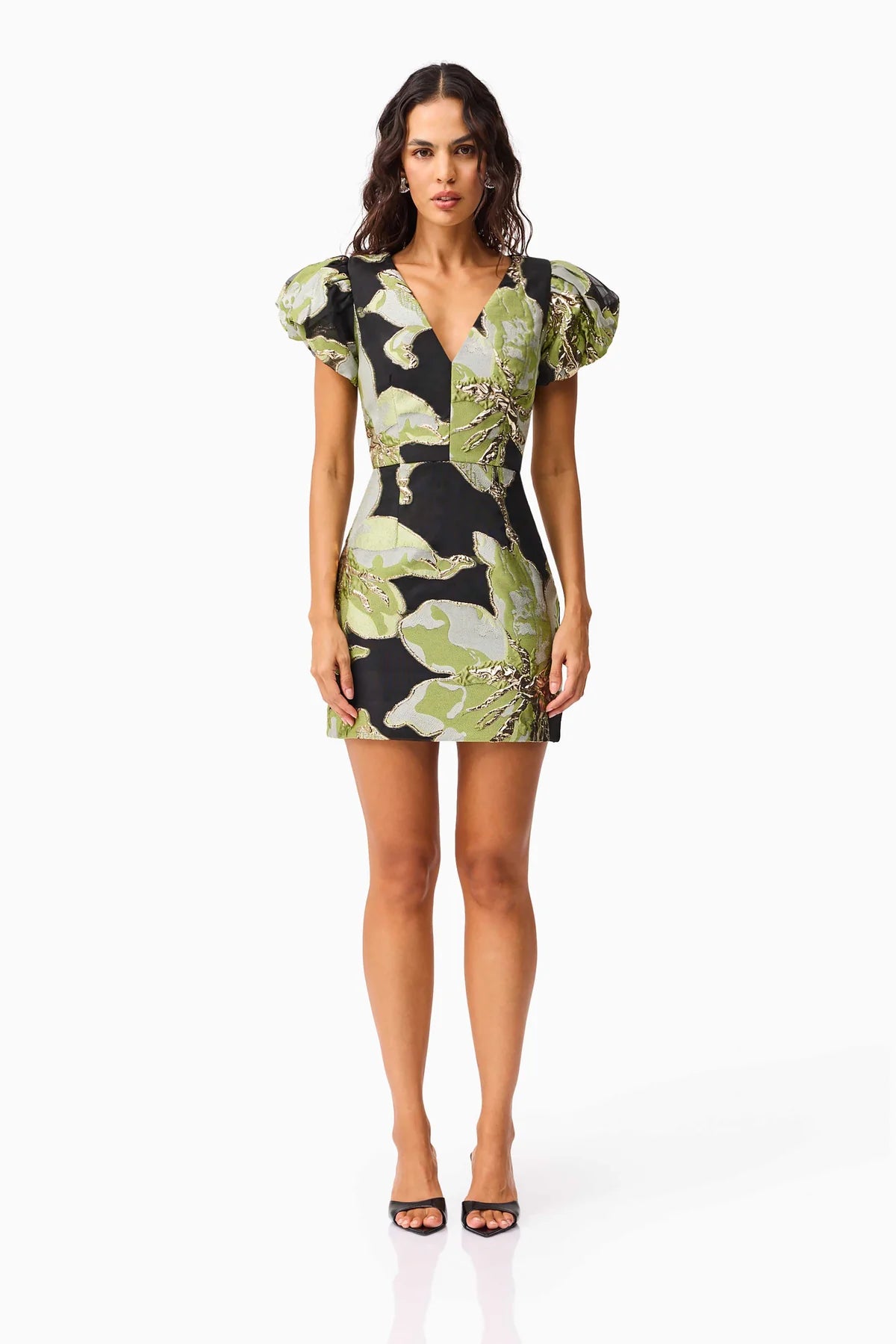 Elysia Cap Sleeve Mini Dress in Black & Green Floral