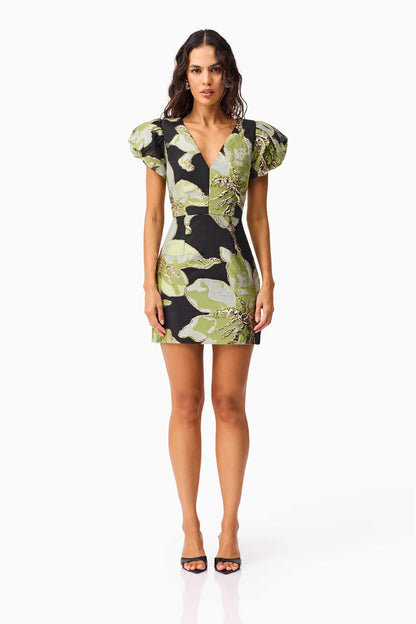 Elysia Cap Sleeve Mini Dress in Black & Green Floral