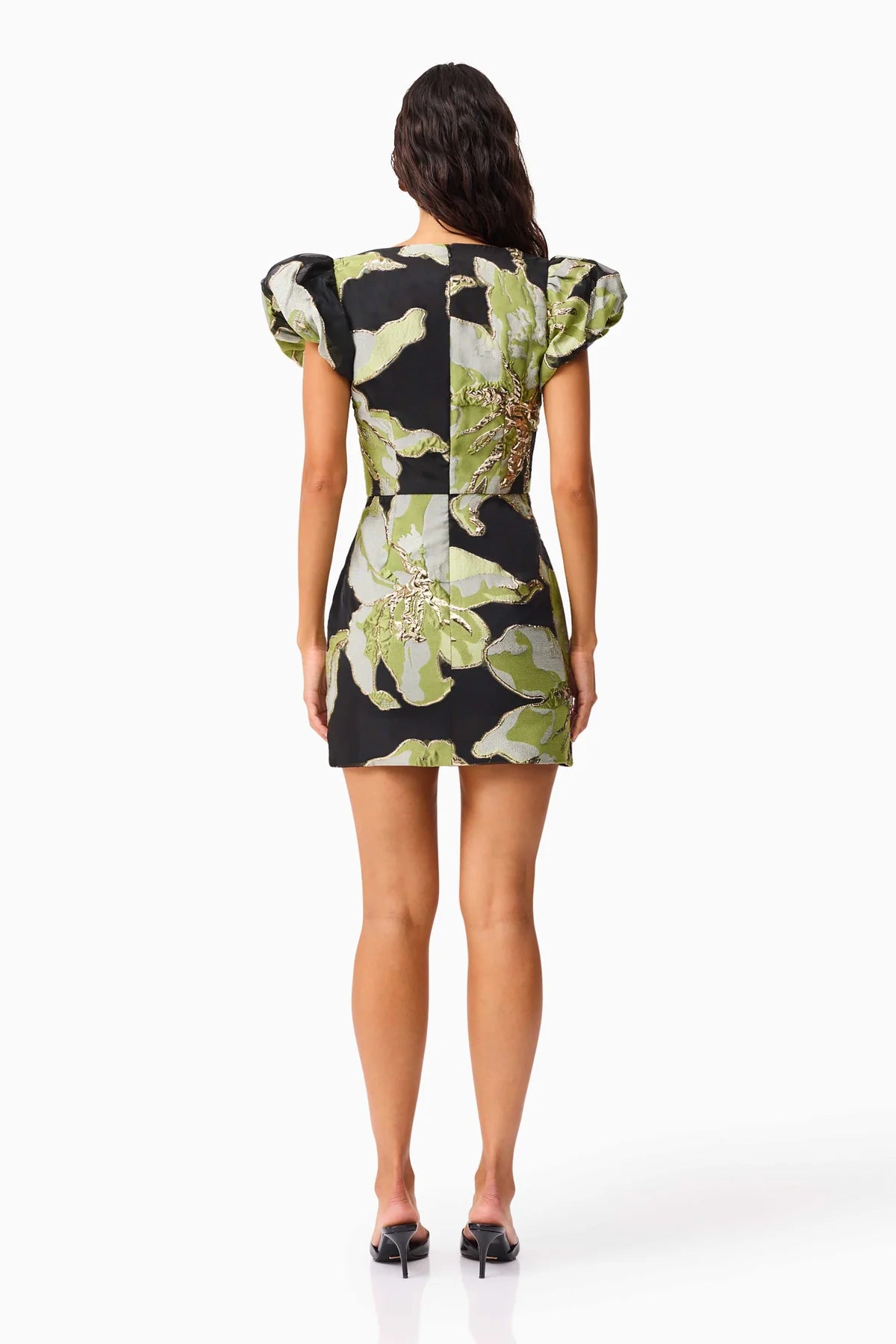 Elysia Cap Sleeve Mini Dress in Black & Green Floral