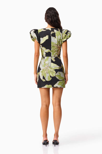 Elysia Cap Sleeve Mini Dress in Black & Green Floral