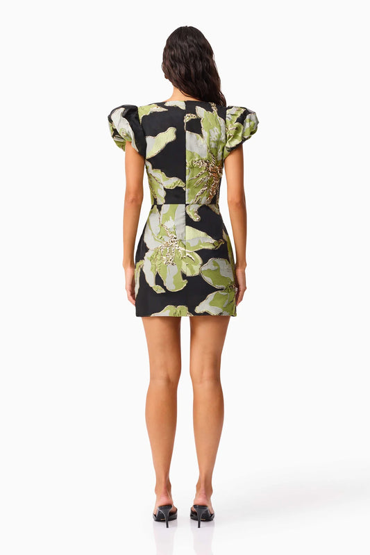 Elysia Cap Sleeve Mini Dress in Black & Green Floral