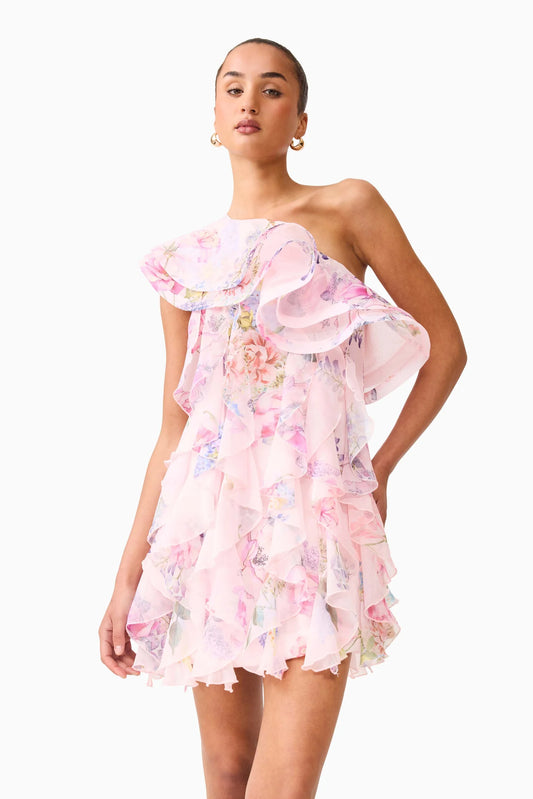 Millie One Shoulder Mini Dress in Pink Floral