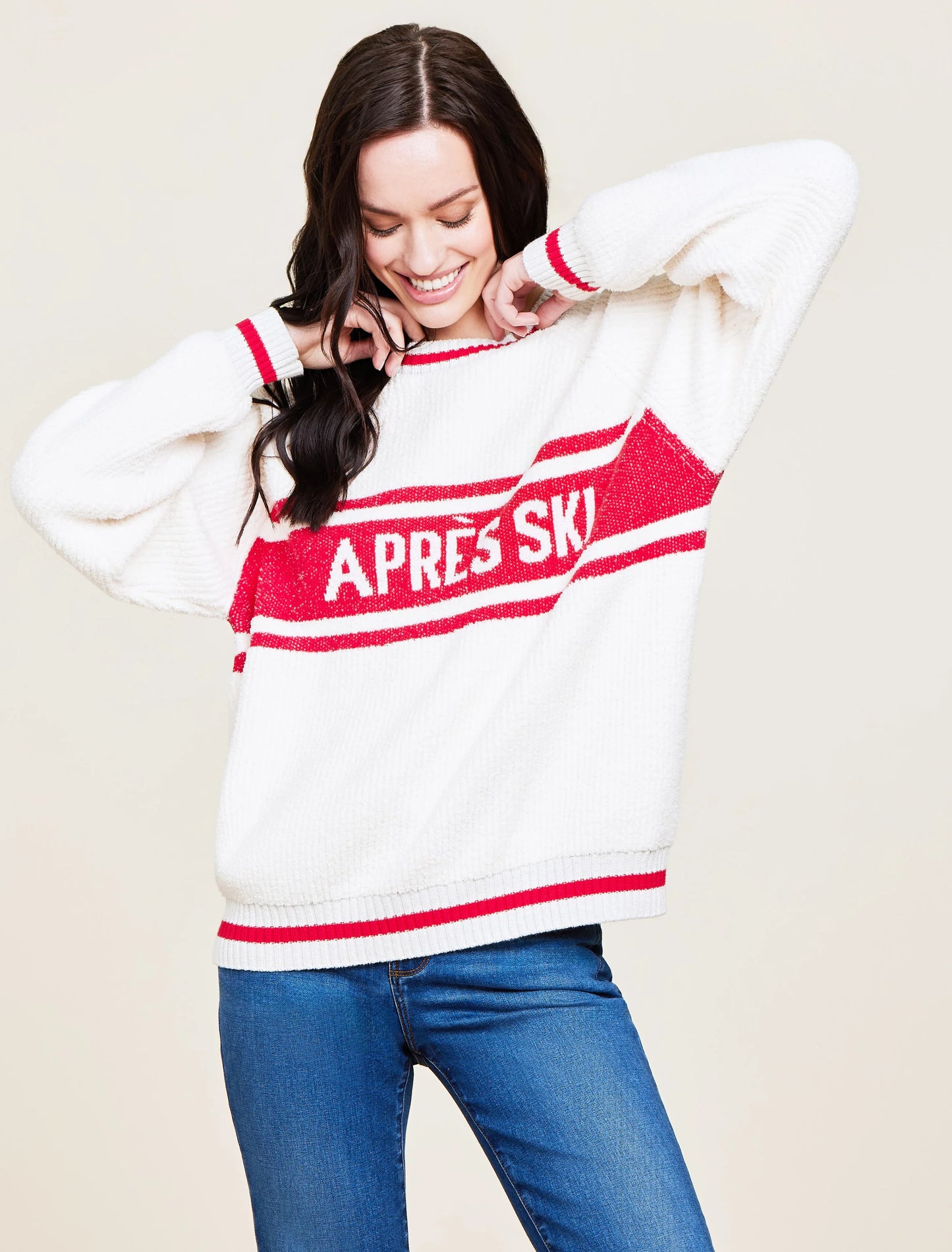 Barefoot Dreams - CozyChic® Cotton Apres Pullover - Cream / Americana Red