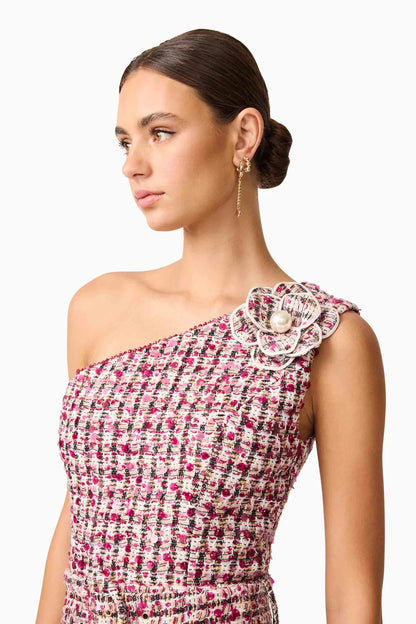 Bianca One Shoulder Tweed Midi Dress in Red