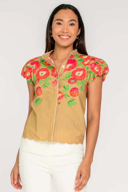 Short Sleeve Emily Top in Poppy Patch Iced Coffee