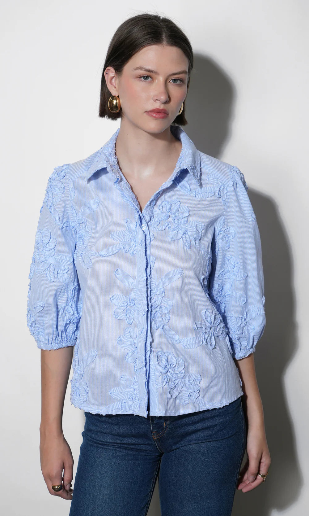 Eleanor Stripe Puff Sleeve Blouse - Light Blue