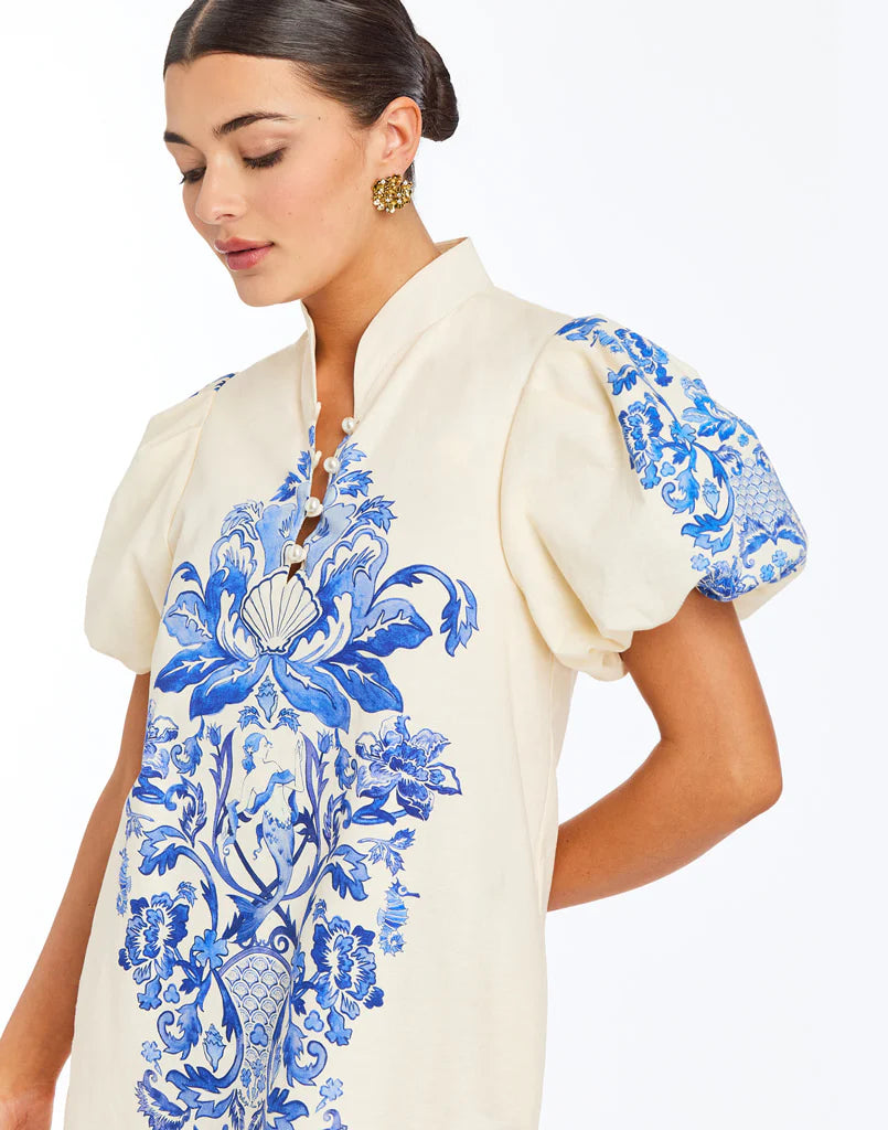 Elliana Printed Mini Dress - Blue/Ivory Mermaid Trellis - Spinout