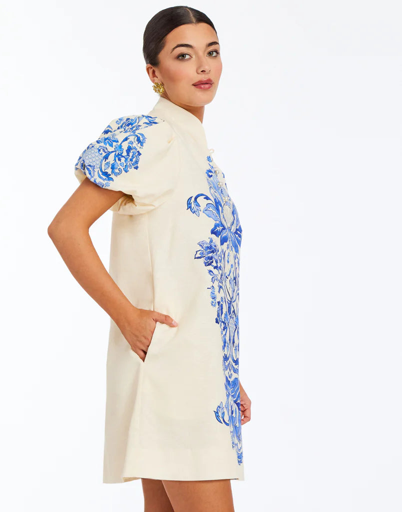 Elliana Printed Mini Dress - Blue/Ivory Mermaid Trellis - Spinout