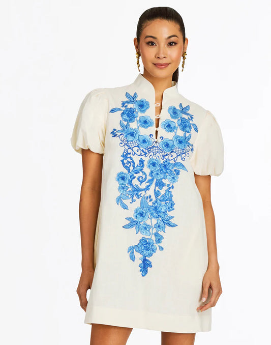 Mestiza - Elliana Barong Mini Dress - Ivory/Royal Blue