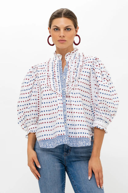 Oliphant - Ruffle Front Button Blouse - Ellis Blue