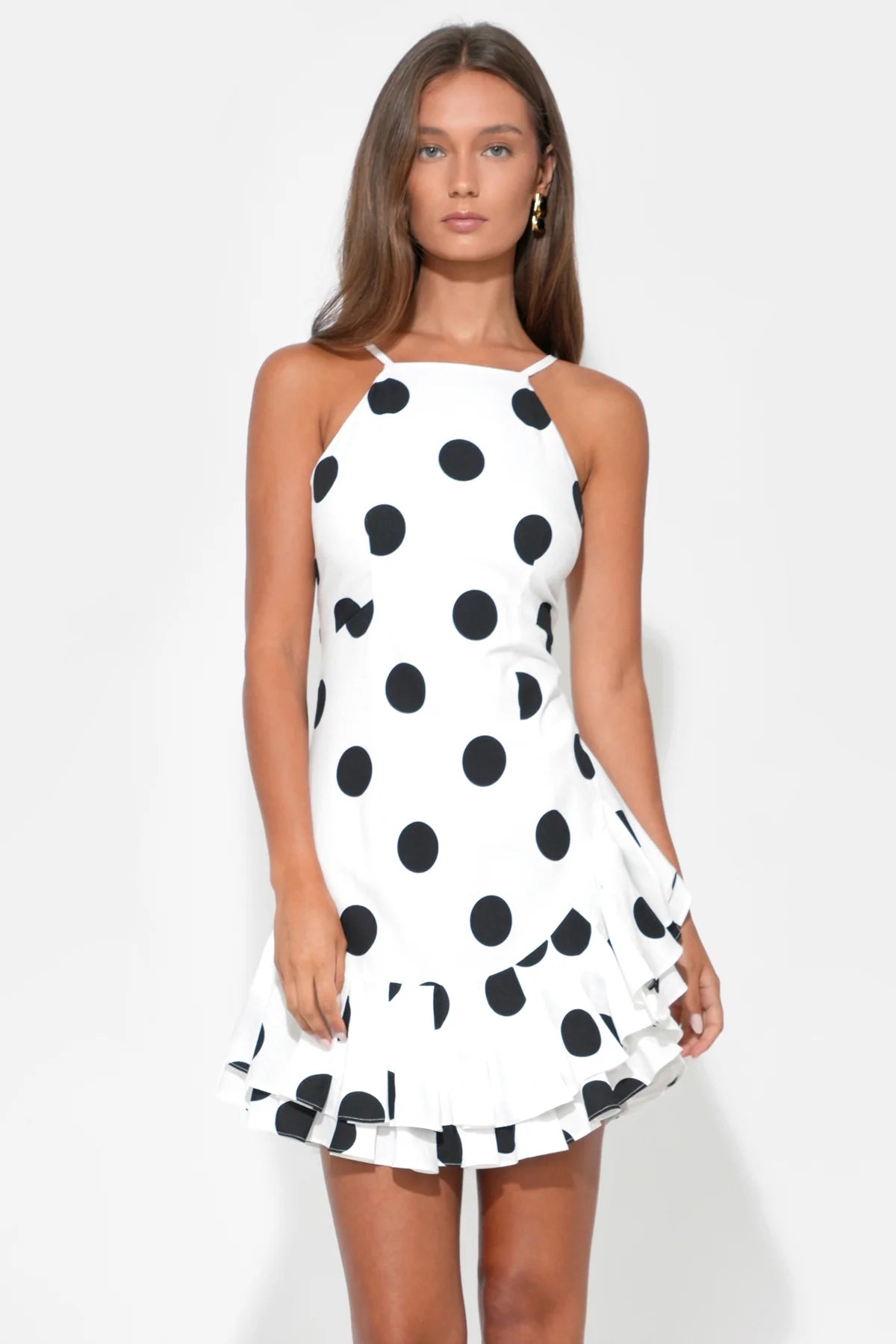 Briana Halter Ruffle Linen Dot Mini Dress - White/Black - Spinout