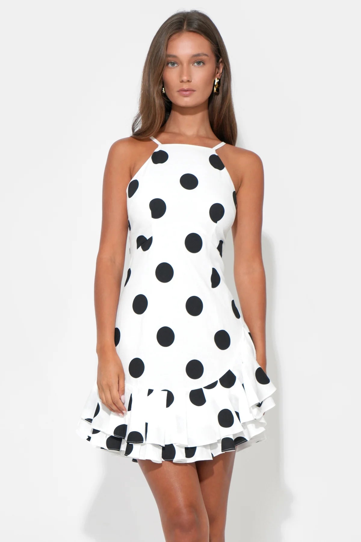 Briana Halter Ruffle Linen Dot Mini Dress - White/Black - Spinout