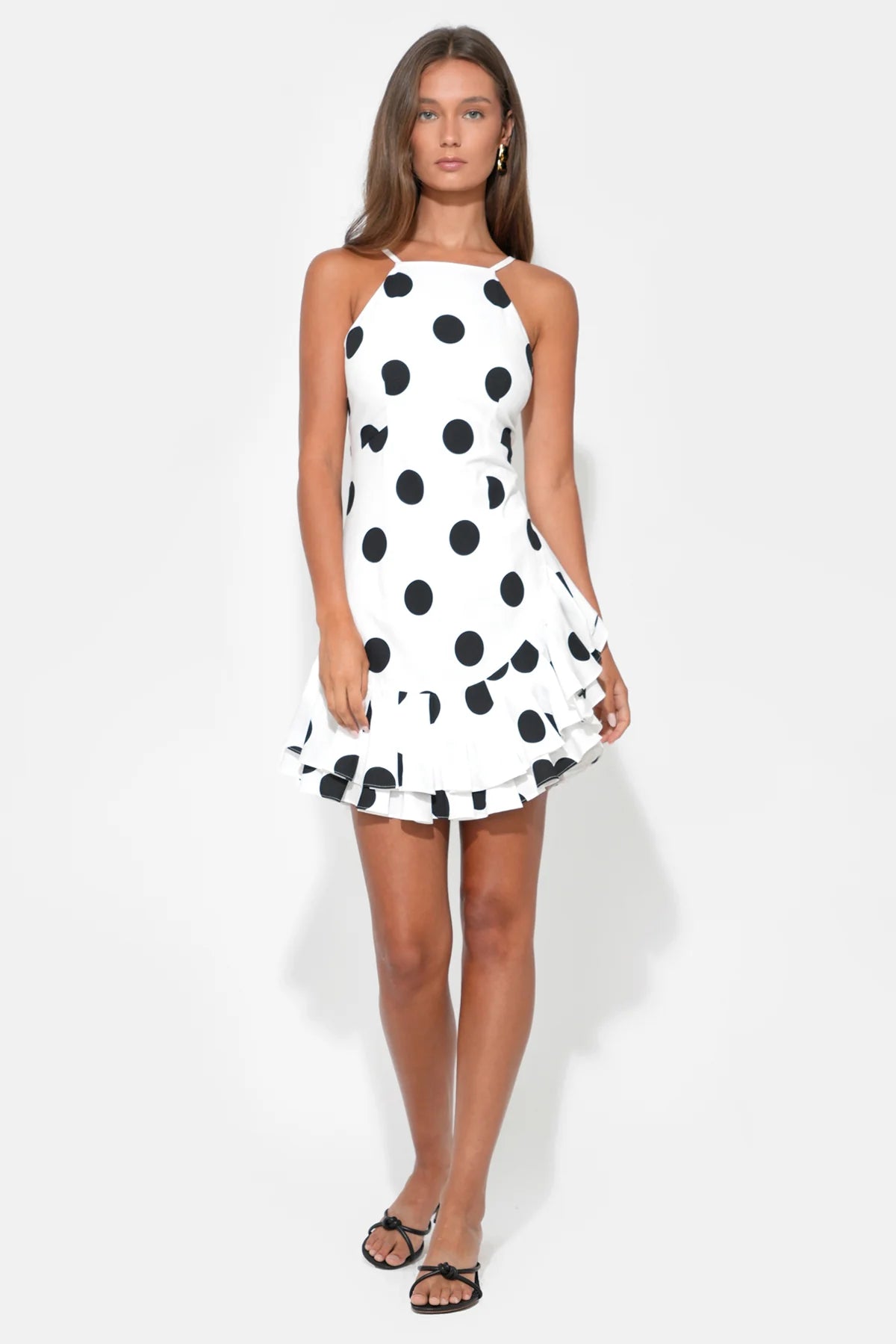 Briana Halter Ruffle Linen Dot Mini Dress - White/Black - Spinout