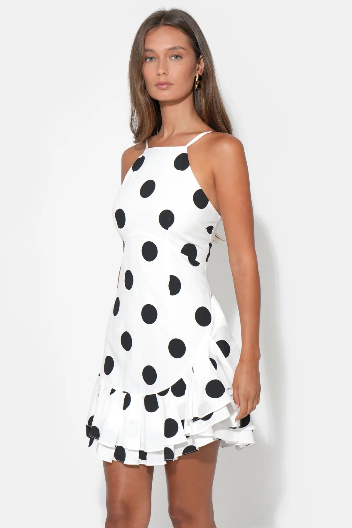 Briana Halter Ruffle Linen Dot Mini Dress - White/Black - Spinout