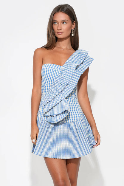 Ava One Shoulder Gingham Mini Dress - Powder Blue