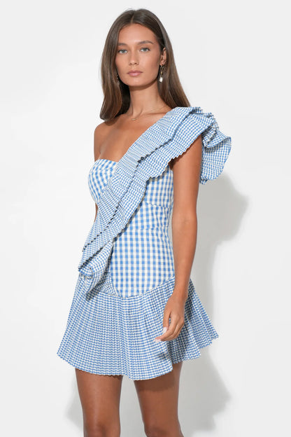 Ava One Shoulder Gingham Mini Dress - Powder Blue