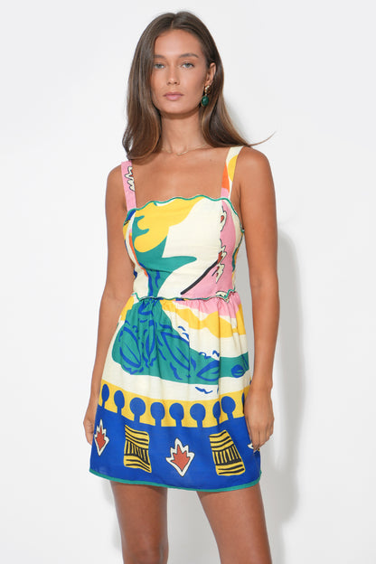 Reese Printed Mini Dress - Yellow/ Blue