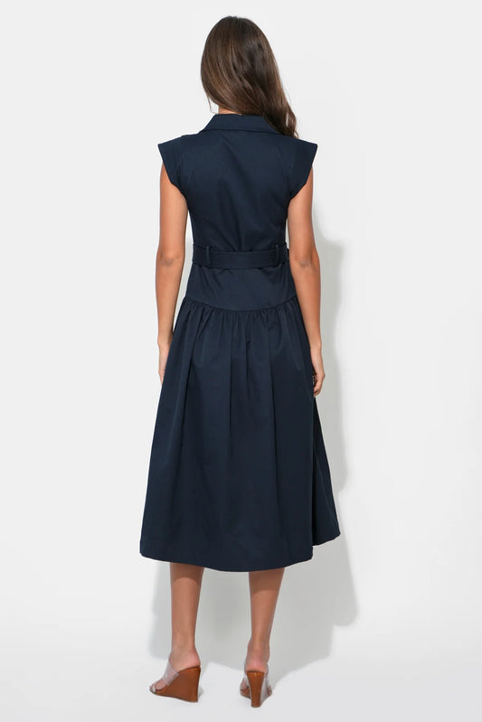 Olivia Button Up Belted Shirt Midi Dress - Dark Navy