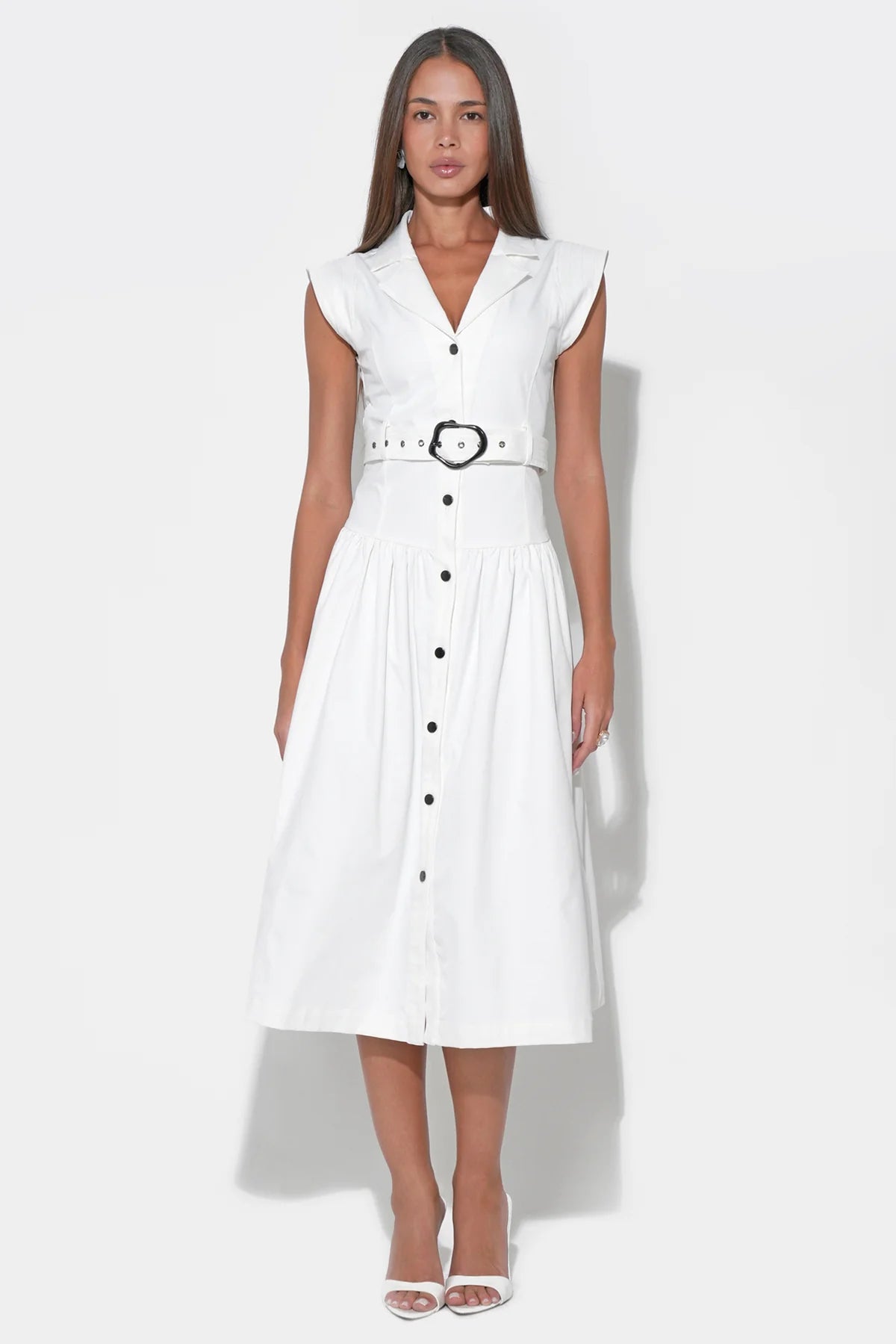 Olivia Button Up Belted Shirt Midi Dress - Off White