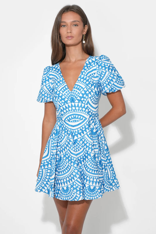 Genesis Fit & Flare Embroidery Mini Dress - White/Denim Blue - Spinout