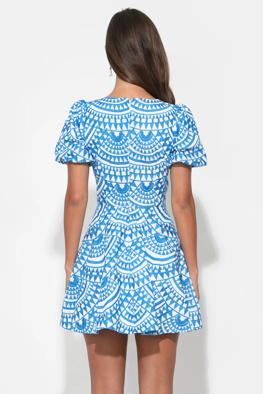Genesis Fit & Flare Embroidery Mini Dress - White/Denim Blue - Spinout