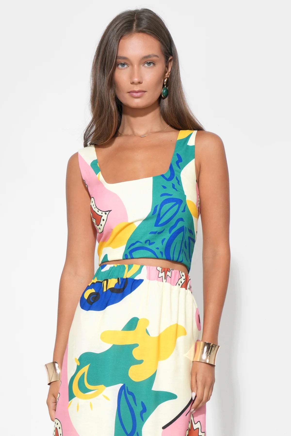 Kylie Square Neck Smocked Back Printed Top - Yellow/Blue