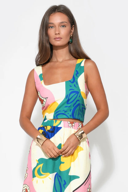 Kylie Square Neck Smocked Back Printed Top - Yellow/Blue