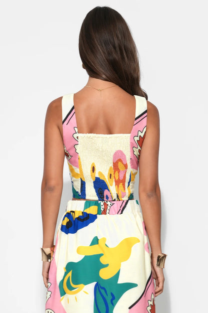 Kylie Square Neck Smocked Back Printed Top - Yellow/Blue