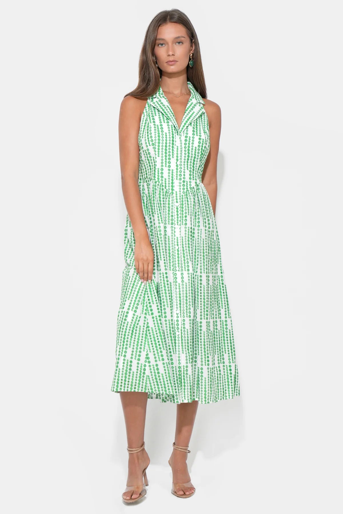 Ruby Halter Embroidery Midi Dress - White/Green