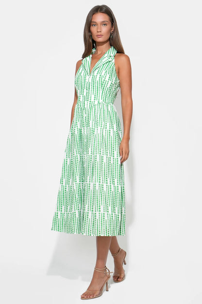 Ruby Halter Embroidery Midi Dress - White/Green