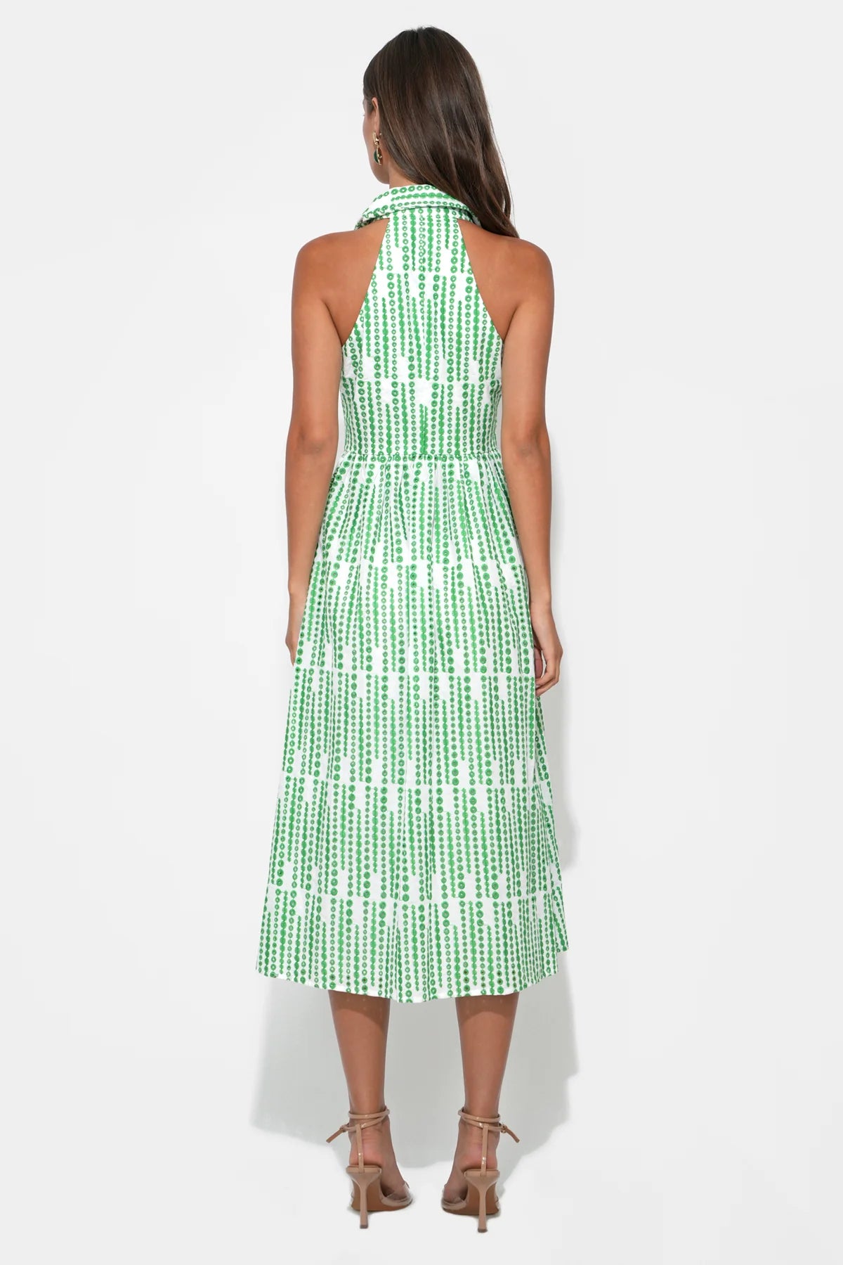 Ruby Halter Embroidery Midi Dress - White/Green