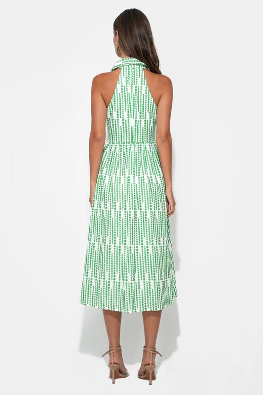 Ruby Halter Embroidery Midi Dress - White/Green