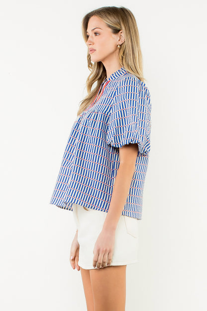 Puff Sleeve Striped Top - Blue