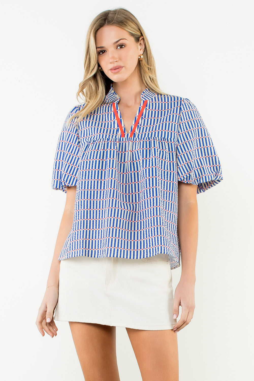 Puff Sleeve Striped Top - Blue
