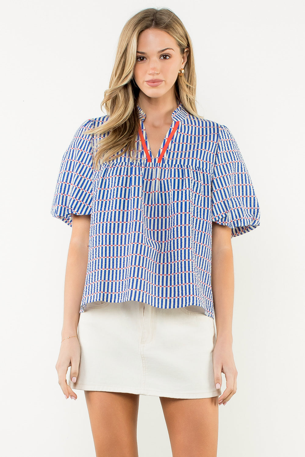 Puff Sleeve Striped Top - Blue