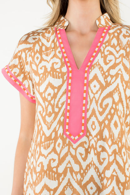 Short Sleeve Pattern Dress - Beige