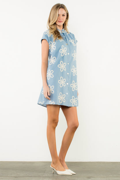 Short Sleeve Embroidered Detail Dress - Blue