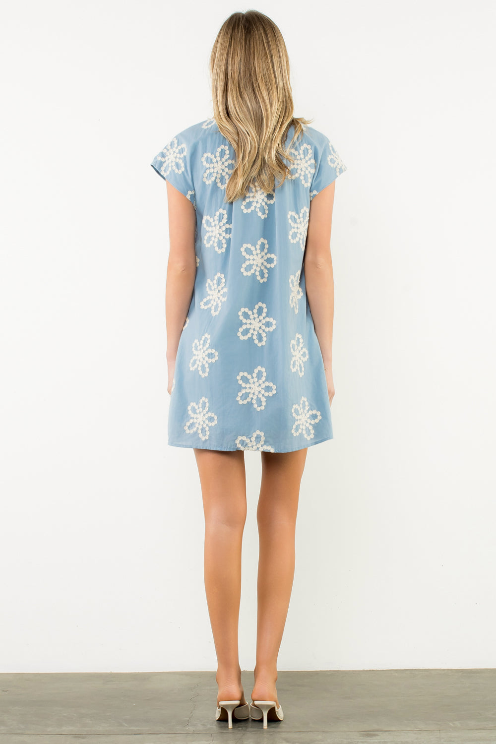 Short Sleeve Embroidered Detail Dress - Blue